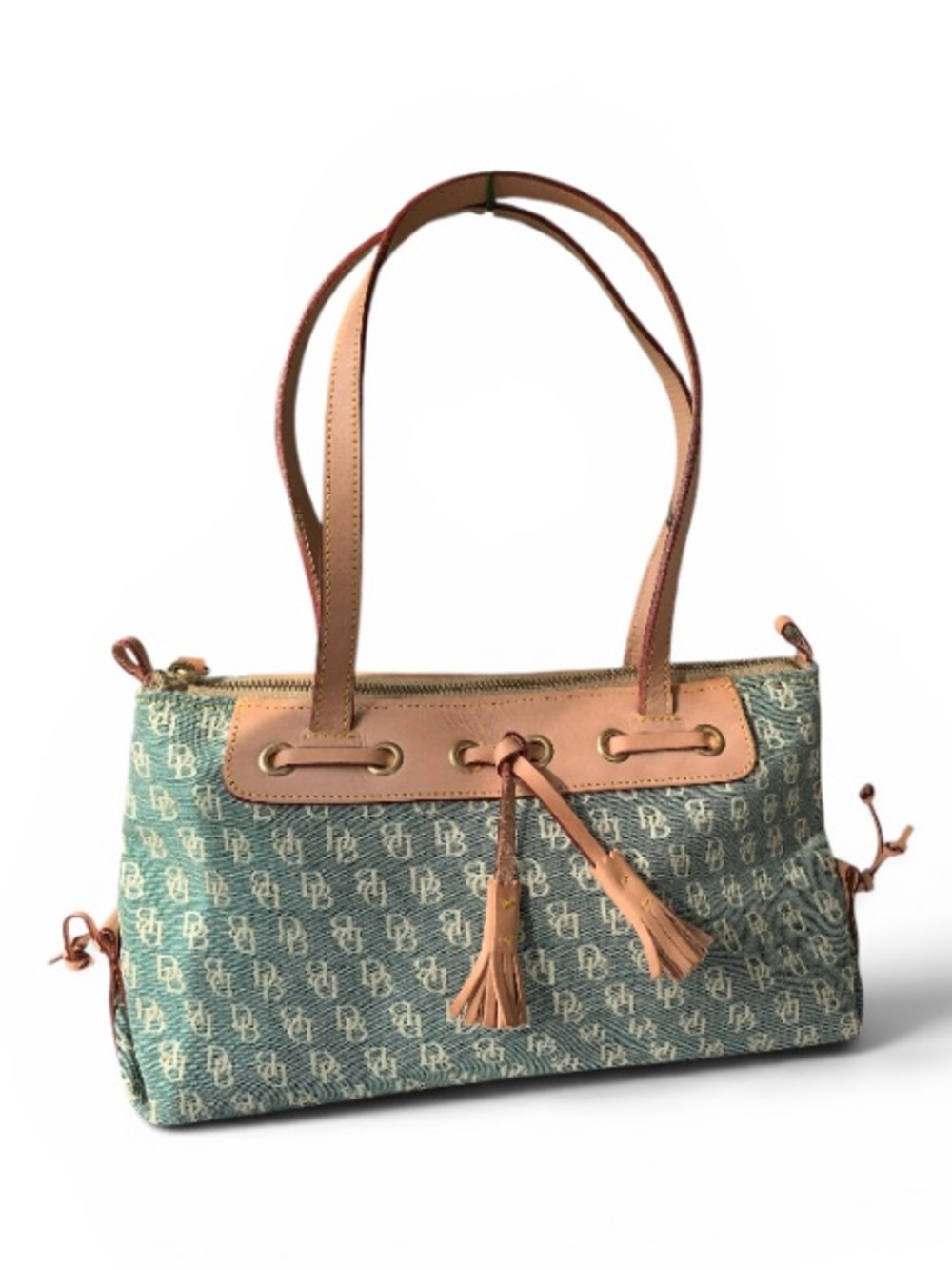 Dooney & Bourke Vintage Signature Monogram Satchel - Teal/Blue & Tan